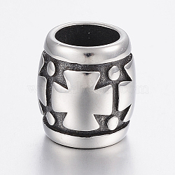 304 Stainless Steel Beads, Large Hole Beads, Barrel with Cross, Antique Silver, 14x13mm, Hole: 8.5mm(STAS-H440-27AS)