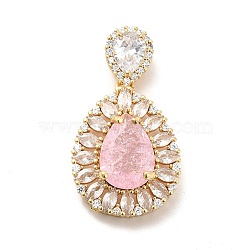 Brass Clear Cubic Zirconia Pendants, with Glass Rhinestone, Teardrop Charm, Real 18K Gold Plated, Pink, 36mm, Hole: 4x2.5mm(KK-I695-065G-01)
