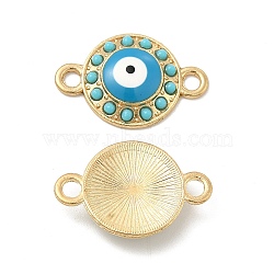 Alloy Connector Charms with Enamel and Synthetic Turquoise, Flat Round Links with Turquoise Evil Eye, Nickel, Golden, 22x14.5x3.5mm, Hole: 2.2mm(FIND-H039-45G)