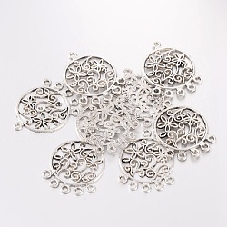 Tibetan Style Alloy Flat Round Chandelier Component, Links, Lead Free and Cadmium Free, Antique Silver Color, 26.5mm wide, 35.5mm long, 1.5mm thick, hole: 2mm(X-EA269Y)