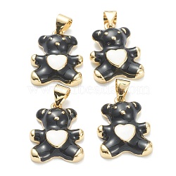 Brass Enamel Pendants, Real 18K Gold Plated, Long-Lasting Plated, Bear with Heart, Black, 18x13.5x4mm, Hole: 5x3.5mm(KK-A153-06G-D)