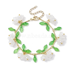 Flower Glass & Acrylic Charm Bracelets, Brass Bar Link Chain Bracelets for Women, WhiteSmoke, 7-1/8 inch(18cm)(BJEW-JB10442)