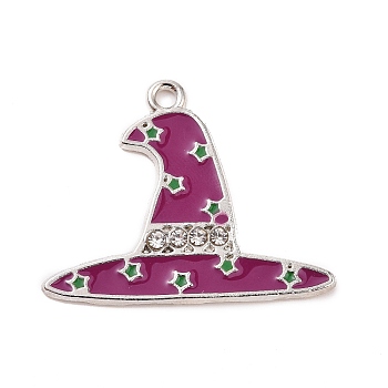 Alloy Rhinestone Pendants, with Dark Orchid Enamel, Witch Hat Charms, Platinum, 22x27x1.5mm, Hole: 1.5mm