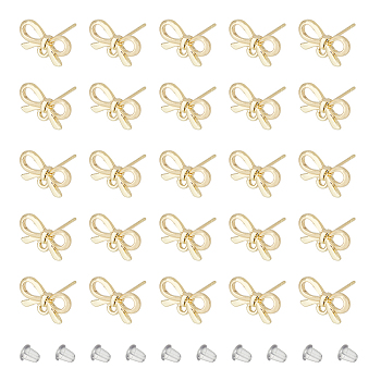50Pcs Bowknot Alloy Stud Earring Findings, with 304 Stainless Steel Steel Pin & Horizontal Loops, 80Pcs Plastic Ear Nuts, Light Gold, 8x13.5mm, Hole: 1.4mm, Pin: 0.9mm