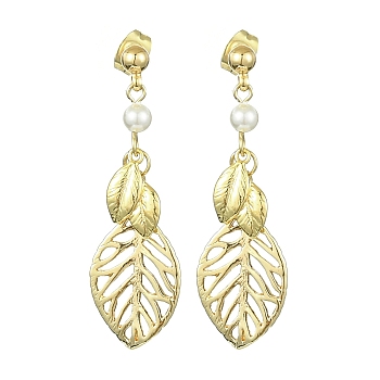 Hollow Leaf Brass Dangle Stud Earrings, Shell Pearl Beaded Long Drop Earrings, Golden, 43x13mm