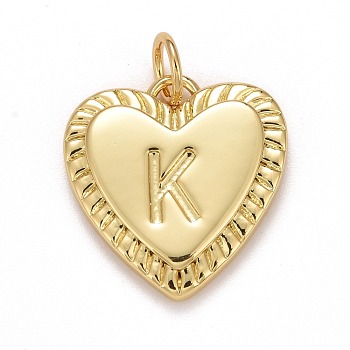 Rack Plating Real 18K Gold Plated Brass Pendants, with Jump Rings, Long-Lasting Plated, Lead Free & Cadmium Free & Nickel Free, Heart with Letter A~Z, Letter.K, 16x15x2.5mm, Jump Ring: 5x0.5mm, 3mm Inner Diameter