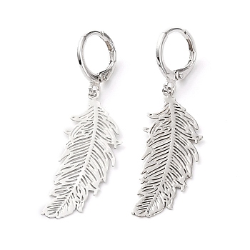 304 Stainless Steel Leverback Earrings, with Brass Feather Pendants, Platinum & Stainless Steel Color, 1-7/8 inch(47mm), Pin: 0.8mm