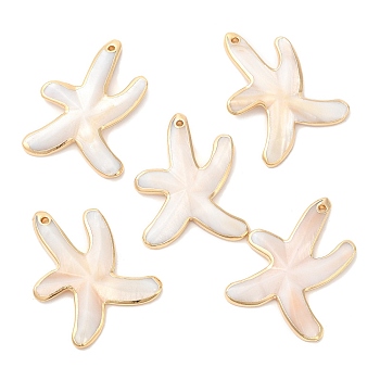Natural Freshwater Shell Pendants, Golden Plated Brass Edged Starfish Charms, 37.5x28.5x4mm, Hole: 1.5mm