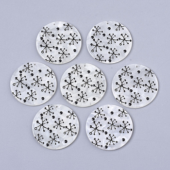 Cellulose Acetate(Resin) Pendants, 3D Printed, Flat Round, Snowflake Pattern, Black, 39x2.5mm, Hole: 1.6mm