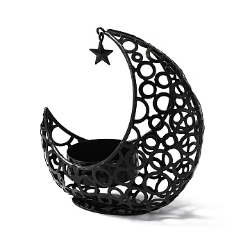 Hollow Moon Iron Candle Holder, with Star Charm, Round Candlestick Base, Gunmetal, 10x10.1x5.9cm
