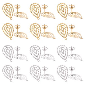 24Pcs 2 Colors 304 Stainless Steel Stud Earring Findings, with Loop, Teardrop, Golden & Stainless Steel Color, 22.5x14mm, Hole: 1mm, pin: 0.7mm, 12pcs/color