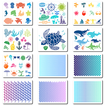 12Pcs 12 Styles PET Plastic Hollow Out Drawing Painting Stencils Templates, Rectangle, Sea Animals, 200x250mm, 1pc/style