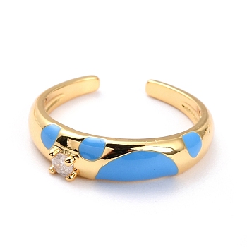Brass Micro Pave Clear Cubic Zirconia Cuff Rings, Open Rings, with Enamel, Golden, Dodger Blue, US Size 6 3/4(17.1mm)
