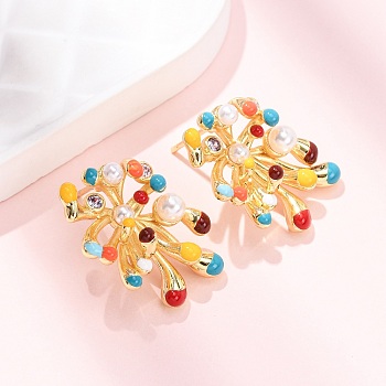 Fireworks Brass Micro Pave Cubic Zirconia Stud Earrings, with Enaeml and ABS Plastic Imitation Pearl, Rack Plating, Long-Lasting Plated, Cadmium Free & Lead Free, Real 18K Gold Plated, 21.5x16.5mm
