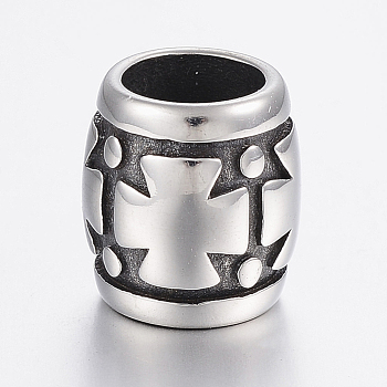 304 Stainless Steel Beads, Large Hole Beads, Barrel with Cross, Antique Silver, 14x13mm, Hole: 8.5mm
