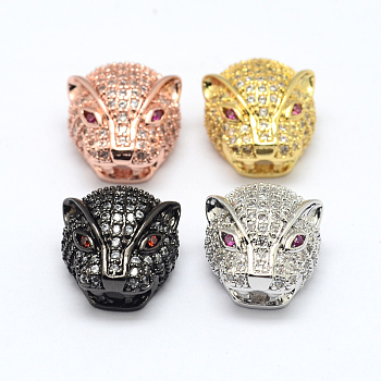 CZ Brass Micro Pave AAA Cubic Zirconia 3D Leopard Head Beads, Lead Free & Nickel Free & Cadmium Free, Mixed Color, 14x13x9mm, Hole: 3x2mm