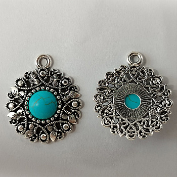 Tibetan Style Alloy Pendants, with Synthetic Turquoise, Flower Charms, Antique Silver, 32x27x6mm, Hole: 2.5mm