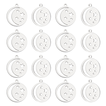 Unicraftale 201 Stainless Steel Laser Cut Pendants, Star with Moon, Stainless Steel Color, 20.5x18x1mm, Hole: 1.4mm, 20pcs/box