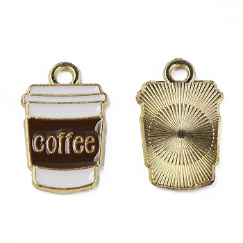 Alloy Enamel Pendants, Cadmium Free & Lead Free, Light Gold, Coffee Cup with Word, Coconut Brown, 18x11x1mm, Hole: 1.8mm