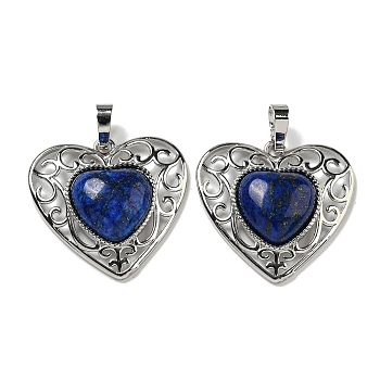 Natural Lapis Lazul Dyed Peach Love Heart Pendants, Rack Plating Brass Hollow Heart Charms, Cadmium Free & Lead Free, 29.5x30.5x7.5mm, Hole: 7.5x5mm