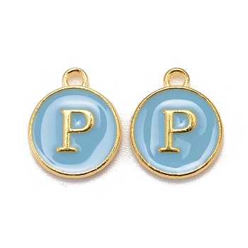 Golden Plated Alloy Enamel Charms, Cadmium Free & Lead Free, Enamelled Sequins, Flat Round with Letter, Sky Blue, Letter.P, 14x12x2mm, Hole: 1.5mm