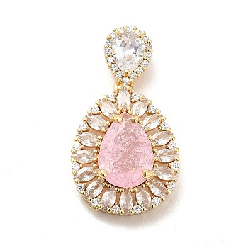 Brass Clear Cubic Zirconia Pendants, with Glass Rhinestone, Teardrop Charm, Real 18K Gold Plated, Pink, 36mm, Hole: 4x2.5mm