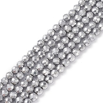 Non-Magnetic Synthetic Hematite Beads Strands, Vacuum Plating, Faceted, Round, Platinum Plated, 6mm, Hole: 1mm, about 37~38pcs/strand, 7.9 inch