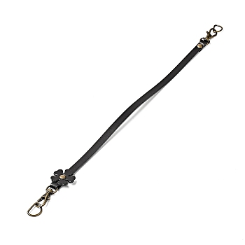 Flower End Cowhide Leather Bag Handles, with Alloy Stud & Iron Swivel Clasp & D Ring, Bag Strap Replacement Accessories, Black, 36.6x1.25x0.55cm
