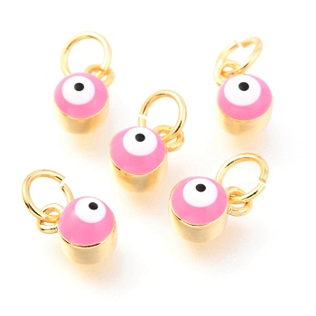 Brass Enamel Pendants, Long-Lasting Plated, Real 18K Gold Plated, with Jump Rings, Column with Evil Eye, Pink, 7x3.5x4.5mm,Jump Ring: 5x0.6mm, 3mm inner diameter.