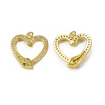 Brass Micro Pave Cubic Zirconia Pendants, with Jump Ring, Heart with Snake Charm, Golden, 22x22x4.5mm, Hole: 3mm