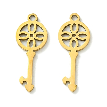 201 Stainless Steel Pendants, Laser Cut, Key Charm, Real 18K Gold Plated, 20.5x8x1mm, Hole: 1.4mm