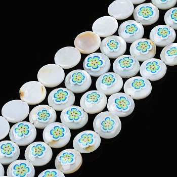 Natural Freshwater Shell Enamel Beads, Flat Round with Flower, Deep Sky Blue, 9x3mm, Hole: 0.8mm, about 42pcs/strand, 14.57 inch(37cm)