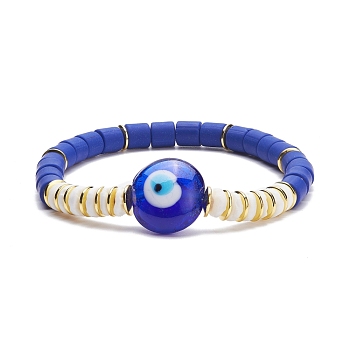 Handmade Polymer Clay & Natural Shell Beads Stretch Bracelet, Flat Round with Evil Eye Lampwork Beads Lucky Bracelet for Women, Blue, Inner Diameter: 2-1/8 inch(5.5cm)