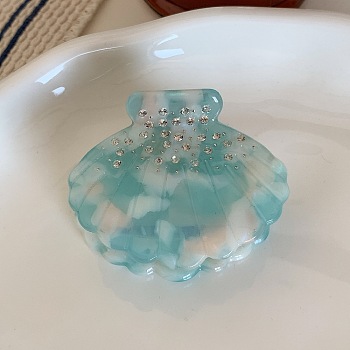 Shell Shape Cellulose Acetate(Resin) Claw Hair Clips, with Rhinestones, Hair Accessories for Women Girl, Medium Turquoise, 40x50mm