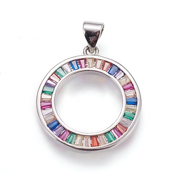 Brass Micro Pave Cubic Zirconia Pendants, Ring, Colorful, Platinum, 23x20.5x2.5mm, Hole: 3x4.5mm