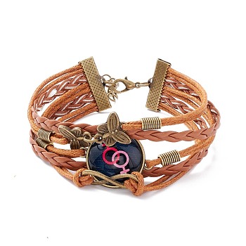 Rainbow Pride Bracelet, Female Symbol Pattern Flat Round & Butterfly Links Multi-strand Bracelet for Men Women, Chocolate, Female Gender Symbol, 7-1/4 inch(18.5cm)