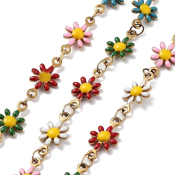 304 Stainless Steel Handmade Beaded Chain, with Enamel, with Spool, Soldered, Real 18K Gold Plated, Flower, Colorful, 13x7.5x2mm, about 16.40 Feet(5m)/Roll