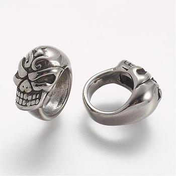 304 Stainless Steel Beads, Large Hole Beads, Skull, Antique Silver, 12x8.5x13mm, Hole: 8mm