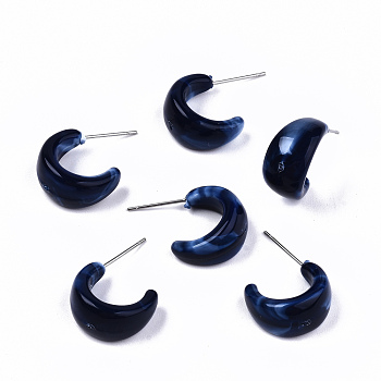 Opaque Resin Half Hoop Earrings, Stud Earrings, Imitation Gemstone Style, with Stainless Steel Pins, Semicircular, Dark Blue, 16.5x9.5mm, Pin: 0.7mm