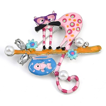 Cartoon Cat and Fish Tank Enamel Pins, Zinc Alloy Crystal Rhinestone Brooch, with Plastic Pearls, Pink, 52x57.5mm