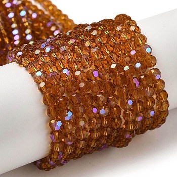 Electroplate Transparent Glass Beads Strands, Faceted, Round, Rainbow Plated, Dark Goldenrod, 4mm, Hole: 0.7mm, about 88~95pcs/strand, 12.99~14.06 inch(33~35.7cm)