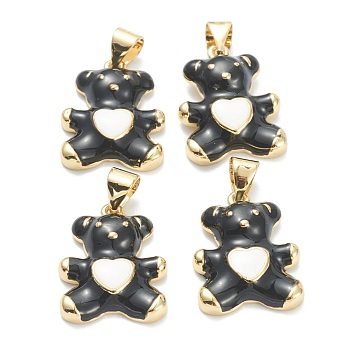 Brass Enamel Pendants, Real 18K Gold Plated, Long-Lasting Plated, Bear with Heart, Black, 18x13.5x4mm, Hole: 5x3.5mm