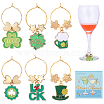 6Pcs 6 Styles Saint Patrick's Day Alloy Enamel Glass Wine Glass Charms, with Brass Wine Glass Charms Ring, Clover/Word Luck/Beer Cup, Golden, Mixed Color, 53~55mm(AJEW-SC00079)