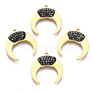 316 Surgical Stainless Steel Pendants, with Micro Pave Cubic Zirconia, Real 14K Gold Plated, Double Horn/Crescent Moon, Black, 17.5x16x2mm, Hole: 1mm(STAS-S116-420D)
