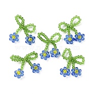 Glass Beaded Pendants, with Copper Wire, Bowknot with Flower Charms, Royal Blue, 25~27x25~28x5~5.5mm, Hole: 5.5x7.5mm(GLAA-C028-08A)