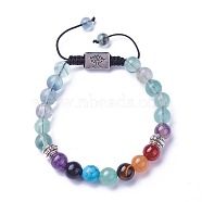 Chakra Jewelry, Natural & Synthetic Mixed Stone Braided Bead Bracelets, with Natural Fluorite, Alloy Findings and Nylon Cord, Rectangle with Tree, 52~76mm(BJEW-I273-H13)