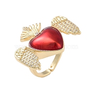 Rack Plating Heart with Wing Brass Micro Pave Cubic Zirconia Open Cuff Rings for Women, with Enamel, Cadmium Free & Lead Free, Long-Lasting Plated, Real 18K Gold Plated, Adjustable, Heart: 31x24mm(RJEW-B064-02G-01)