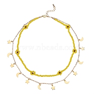 Glass Seed Braided Flower Double Layer Necklace, 304 Stainless Steel Moon and Star Charm Necklace with Brass Cable Chains for Women, Golden, Yellow, 14.96 inch(38cm)(NJEW-SW00015-01)