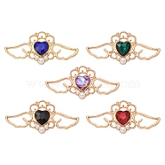 5Pcs 5 Colors Rack Plating Alloy Rhinestone Pendants, with Plastic Imitation Pearl, Wing with Heart Charms, Mixed Color, 19.5x41x4.5mm, 1Pc/color(ALRI-YW0001-19)