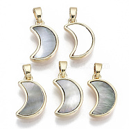 Natural Black Lip Shell Pendants, with Brass Findings, Nickel Free, Moon, Real 18K Gold Plated, 16x10x3mm, Hole: 2x4mm(KK-R112-005-NF)